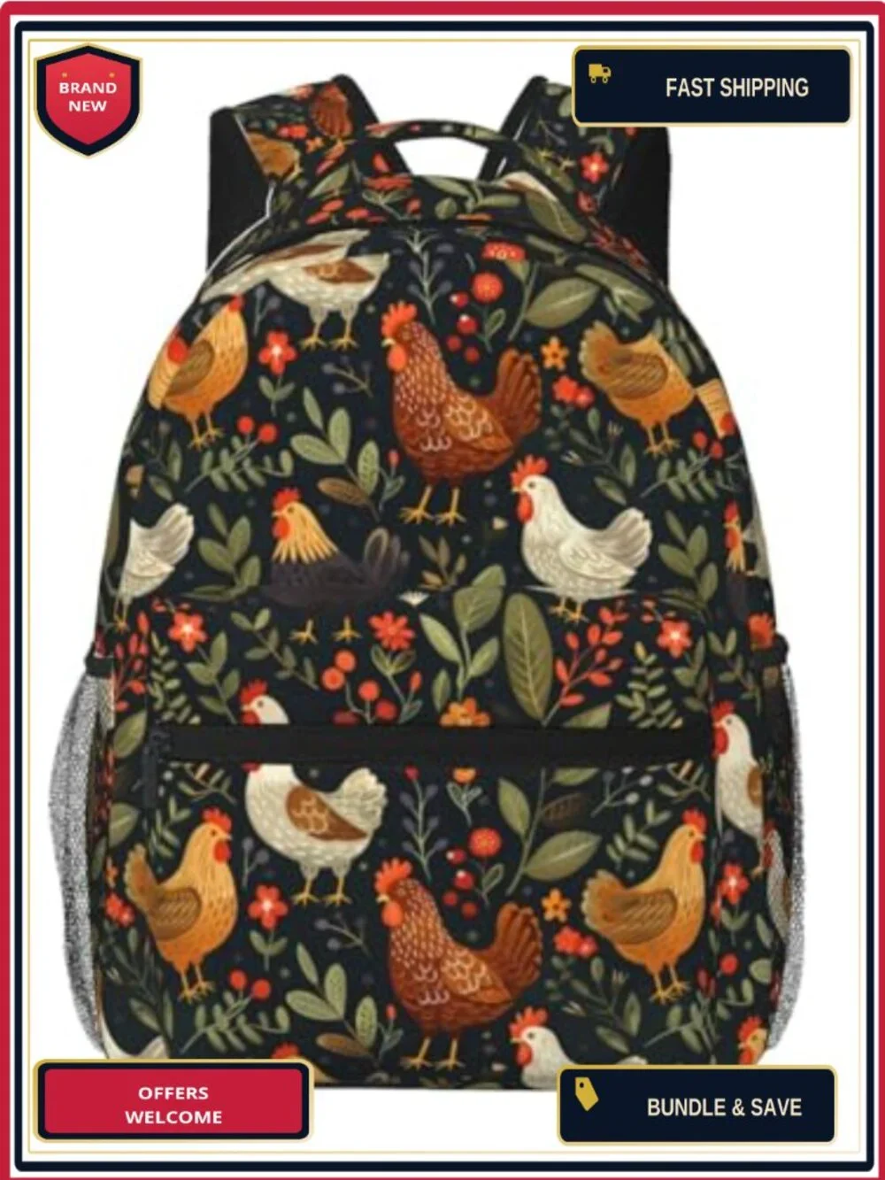 Colorful Farm Chicken Backpack for Women Teens Laptop School Travel Hiking